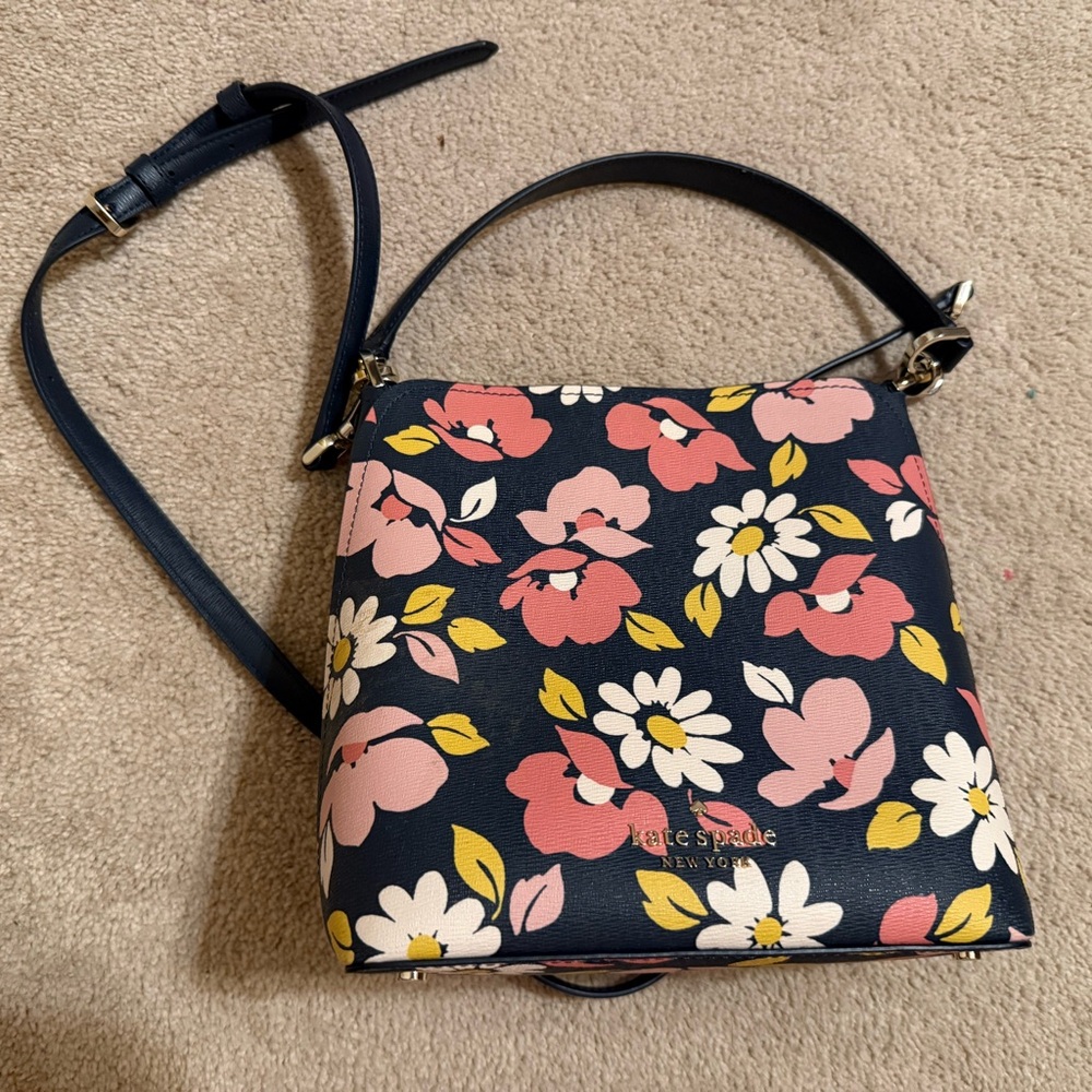 kate spade navy floral crossbody with pink, white & yellow print